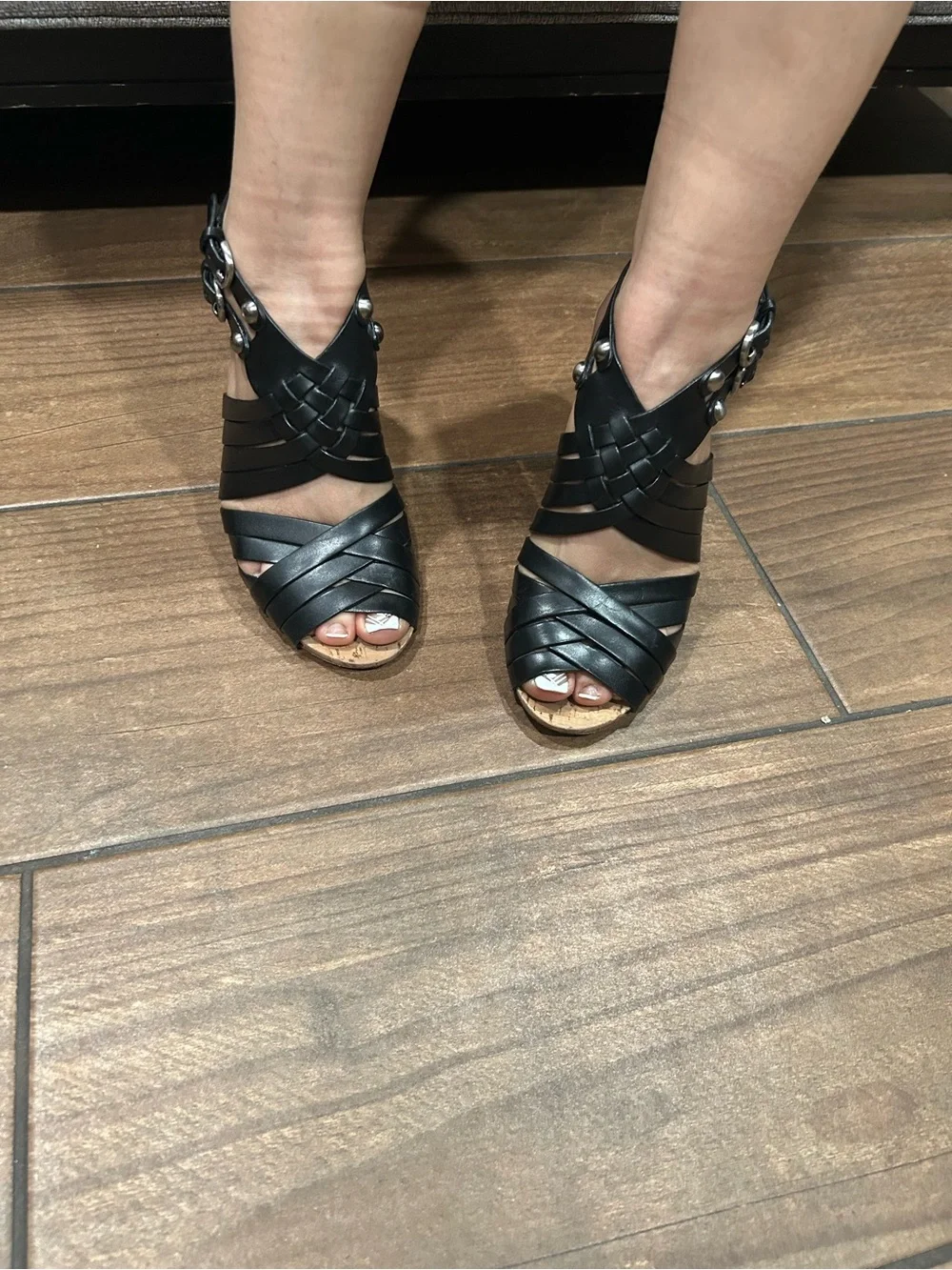 Women's Black Strappy Wedge Sandals